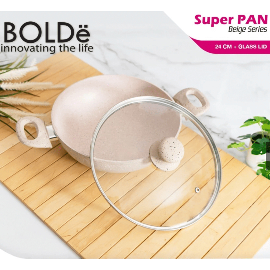 BOLDe Super Pan 2 Ear Wok (Wajan) 24cm + Lid Beige | Panci Dengan Tutup Kaca 24cm BOLDe