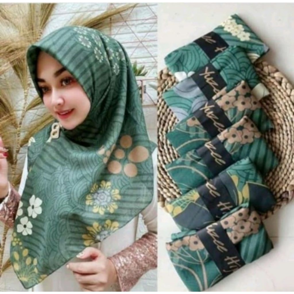 KERUDUNG SEGI EMPAT HIJAB MOTIF BUNGA CINTYA HIJAU TUA