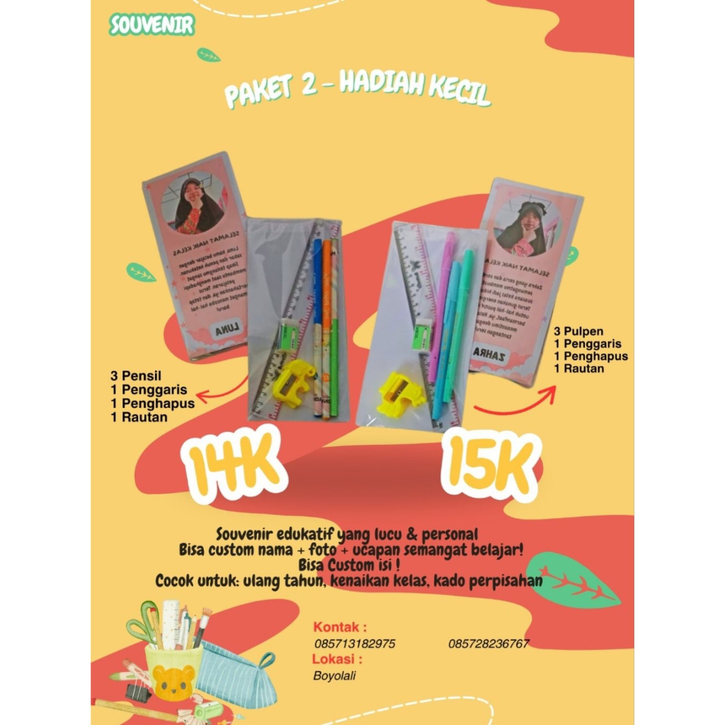 

Souvenir Alat Tulis Custom - Hadiah Naik Kelas / Ulang Tahun / Perpisahan Anak