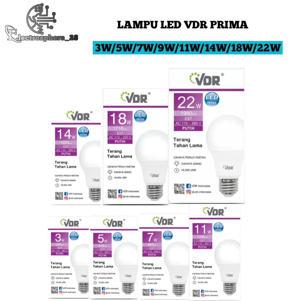 Lampu Bohlam VDR PRIMA LED 3W 5W 7W 9W 11W 14W 18W 22 Watt CDL Cool Daylight Putih