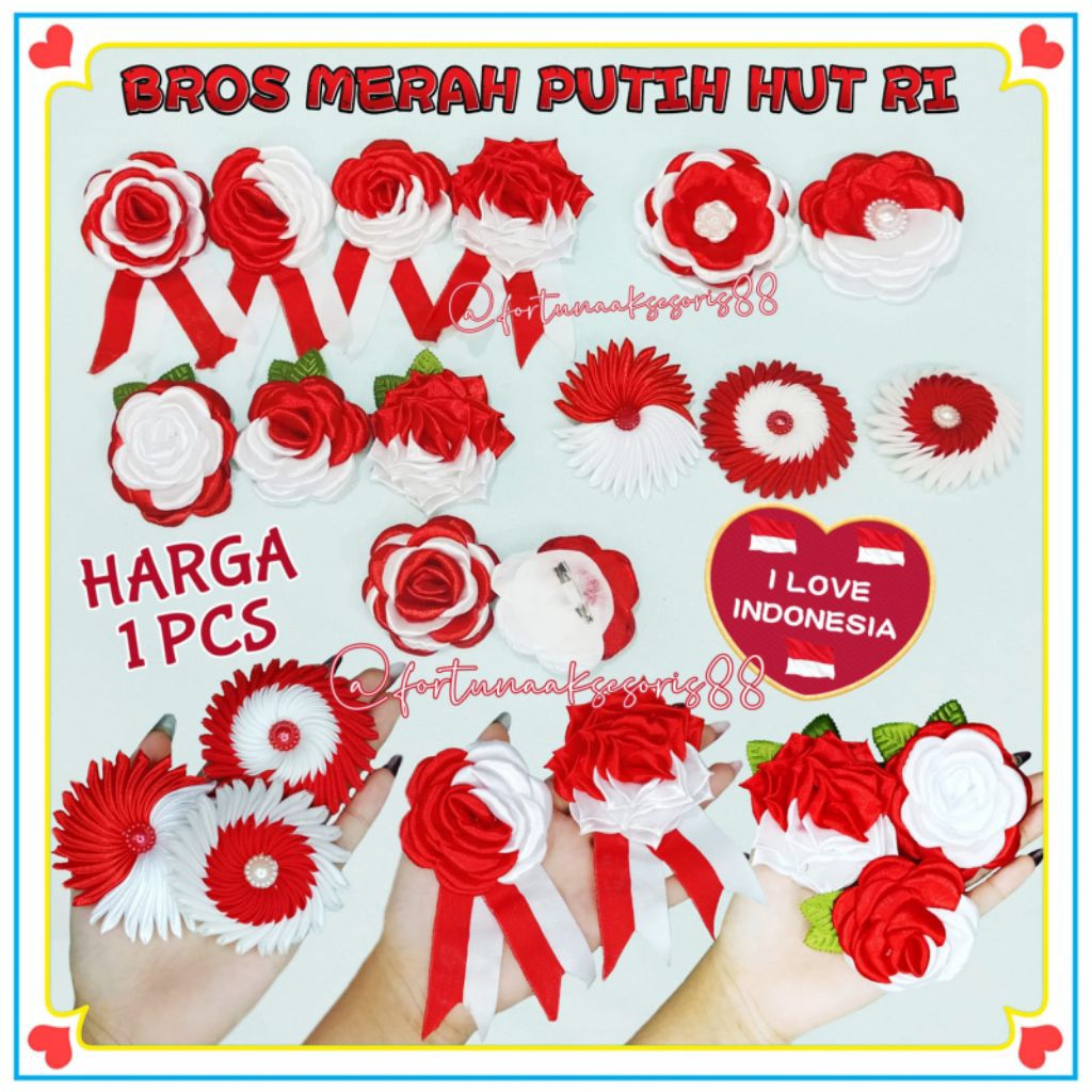 (1PCS) BROS BUNGA MERAH PUTIH HUT RI 17 AGUSTUS / BROS KERMERDEKAAN INDONESIA / BROS DAGU MERAH PUTI