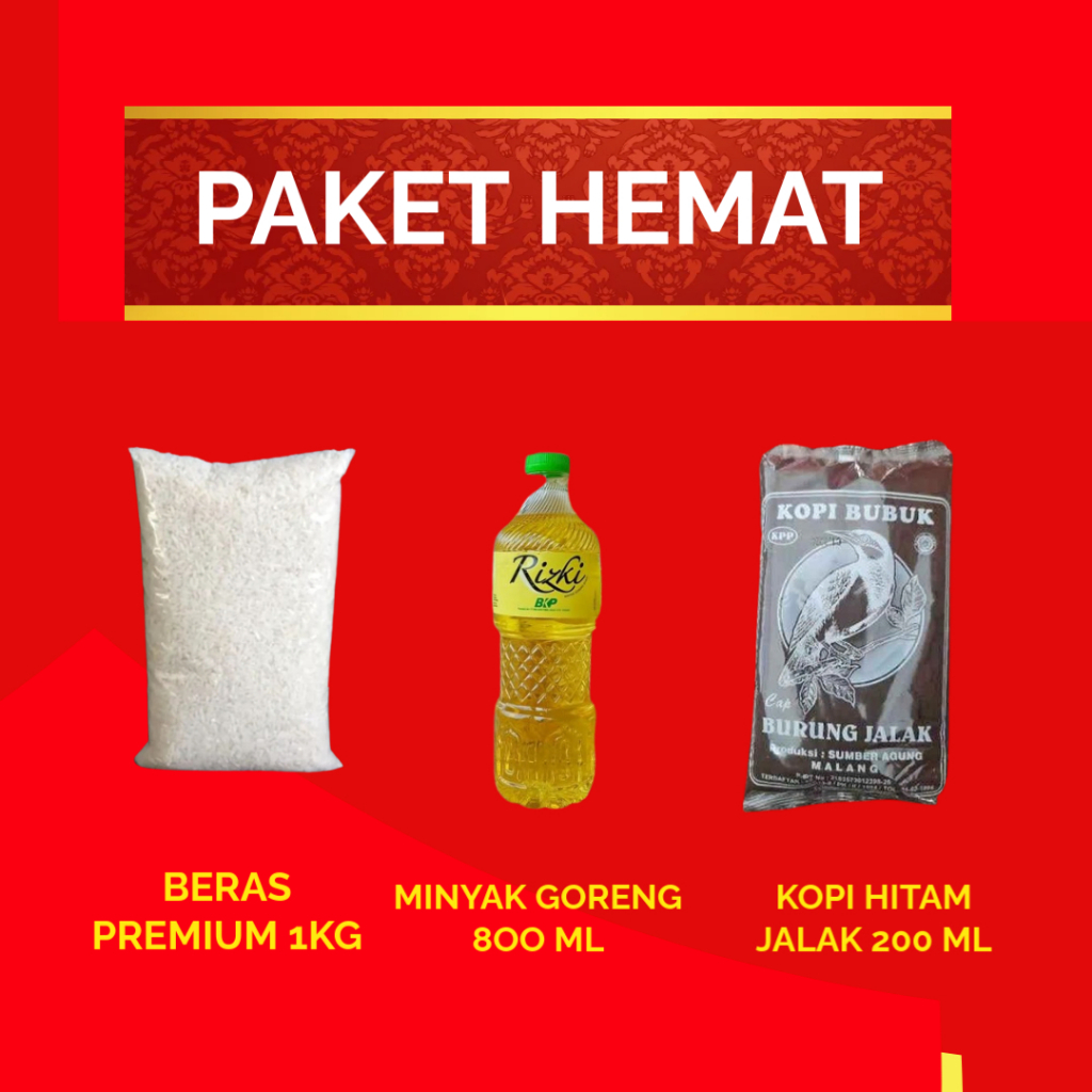 

Paket Kombo Ekonomis" Beras 1kg + Minyak Goreng + Kopi Hitam, Pas Buat Harian