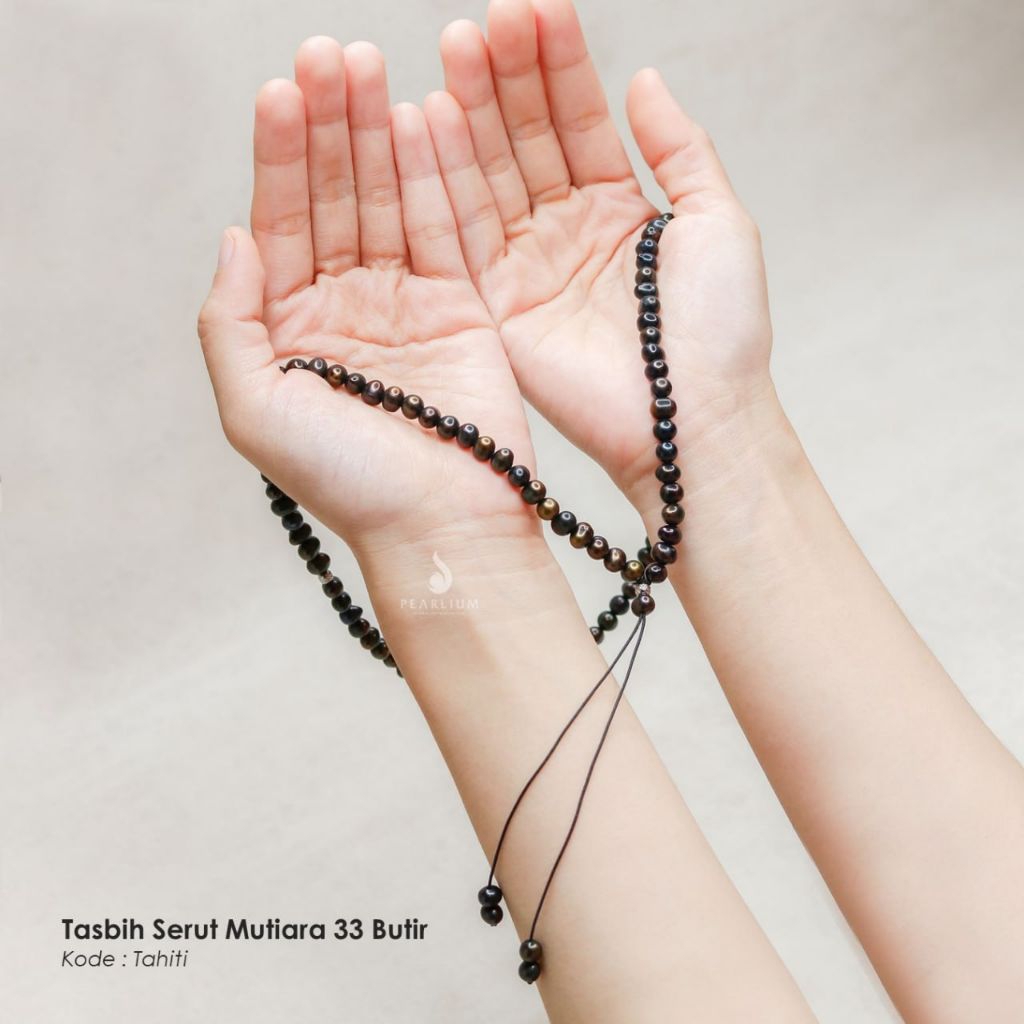 Tasbih Mutiara Asli model Serut Warna Tahiti 33 butir bersertifikat