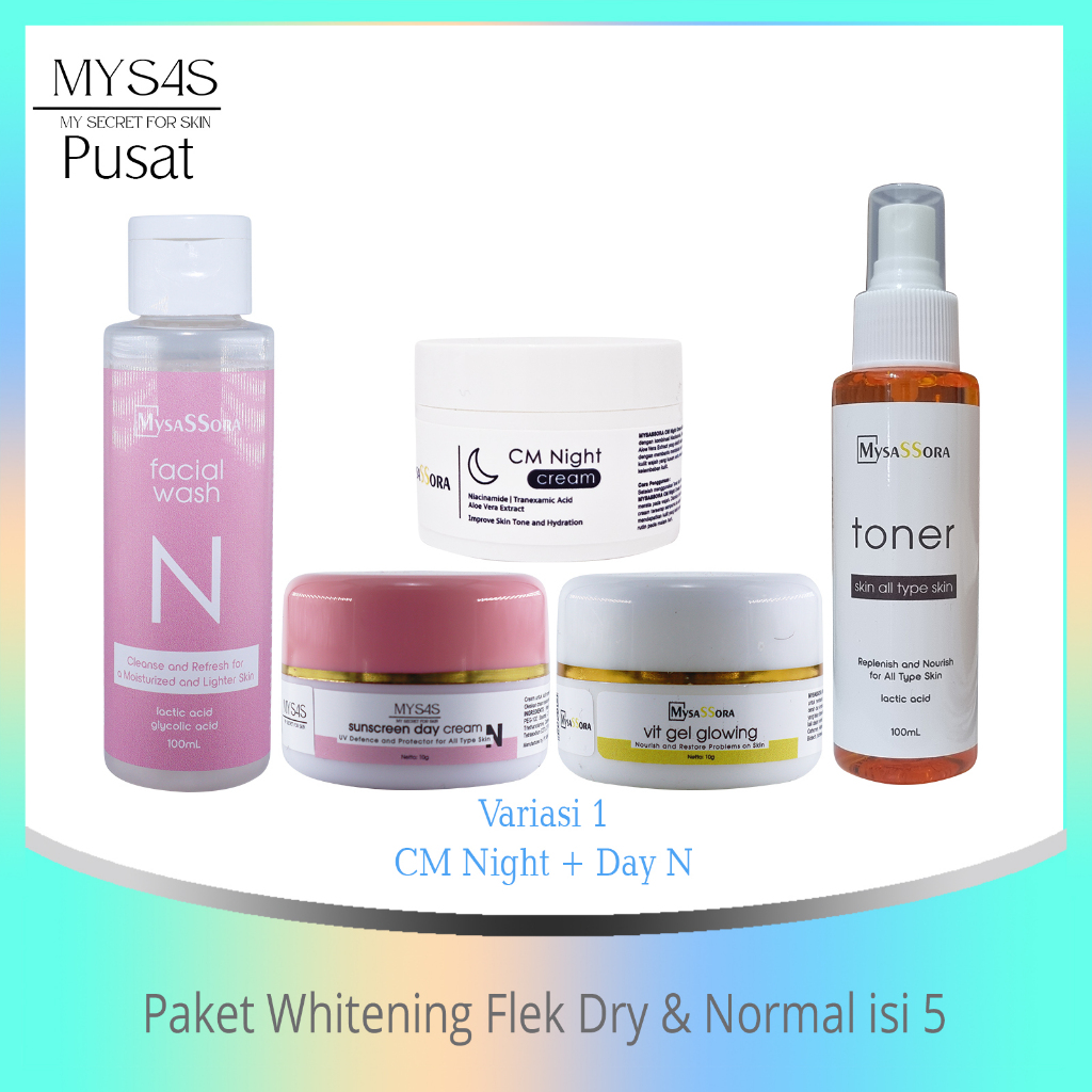 MYSAS SKINCARE PAKET WHITENING FLEK DRY & NORMAL isi 5 / MYSAS SKINCARE MURAH KULIT KERING DAN NORMA