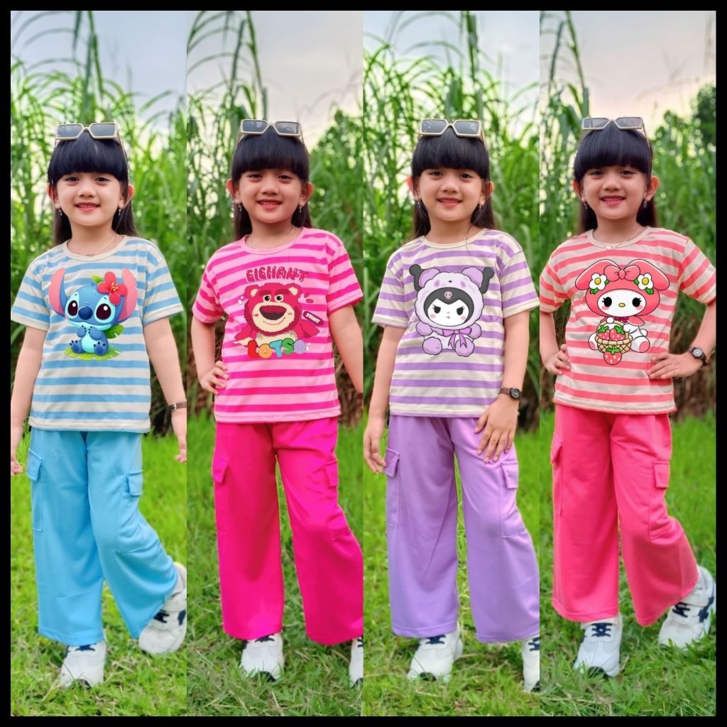 Baju Setelan Anak Celana Cargo Umur 4-11 Tahun / Fashion Anak Perempuan / Pakaian Anak Perempuan