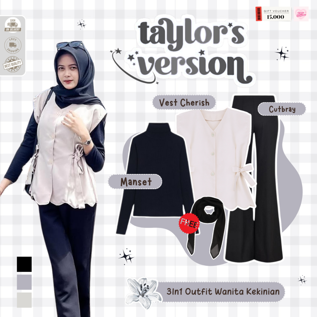 Rona - Ootd Wanita Kekinian Remaja One Set | Manset Hitam, Vest Cherish Cream, Cutbray Hitam | Baju 