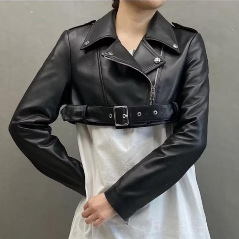 Zha_Leather jaket crop belt bawah/crop leather jacket