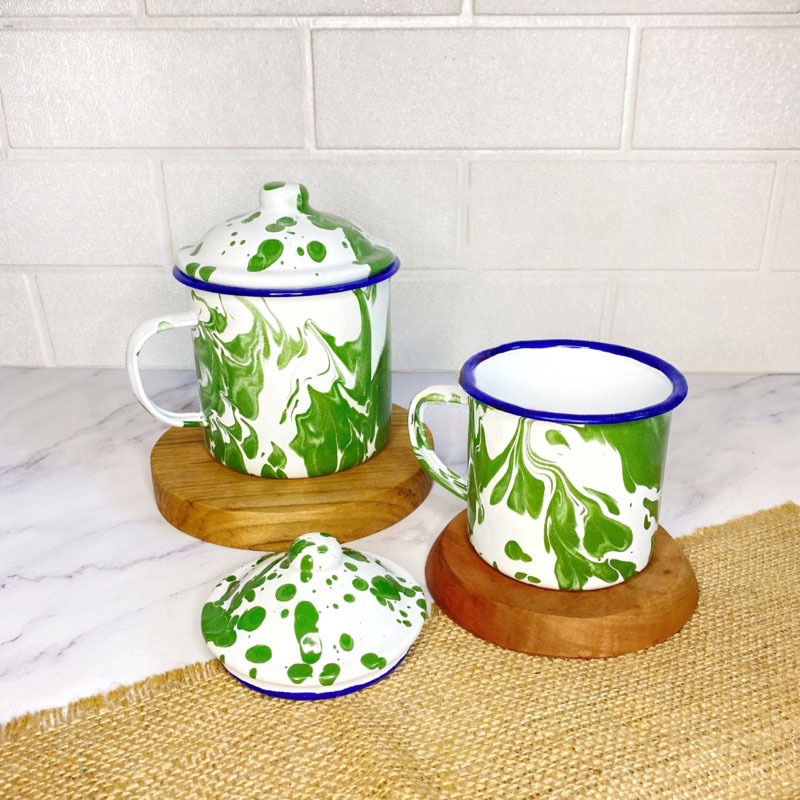 Mug Enamel Jadul Motif Cangkir Tutup Seng Gelas Enamel blirik Polos Jago Bunga Gelas Souvenir Kaleng