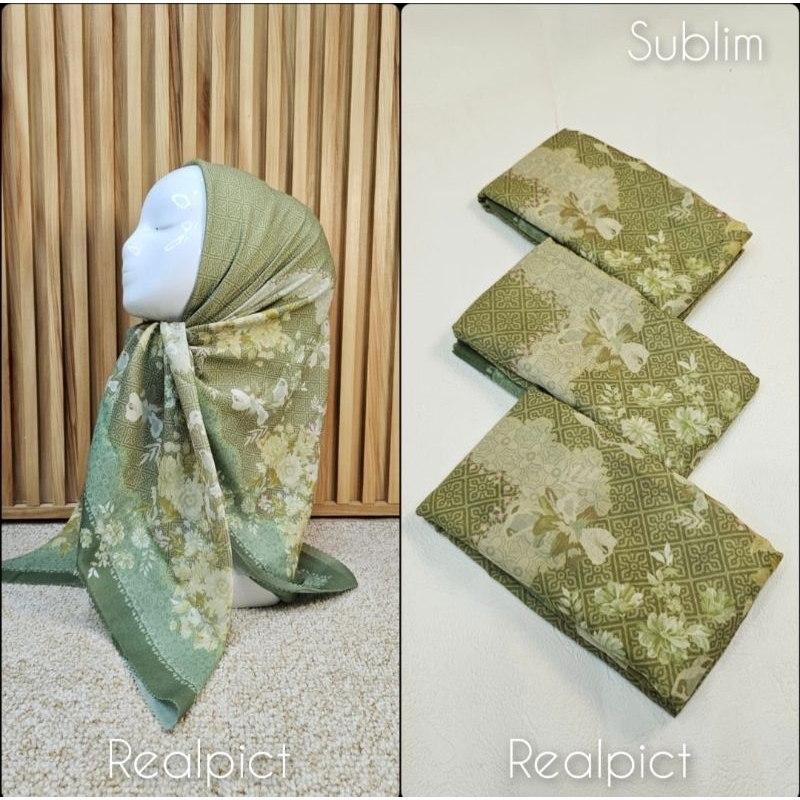 HIJAB SEGI EMPAT VOAL MOTIF BUNGA SAGE MINT HIJAU