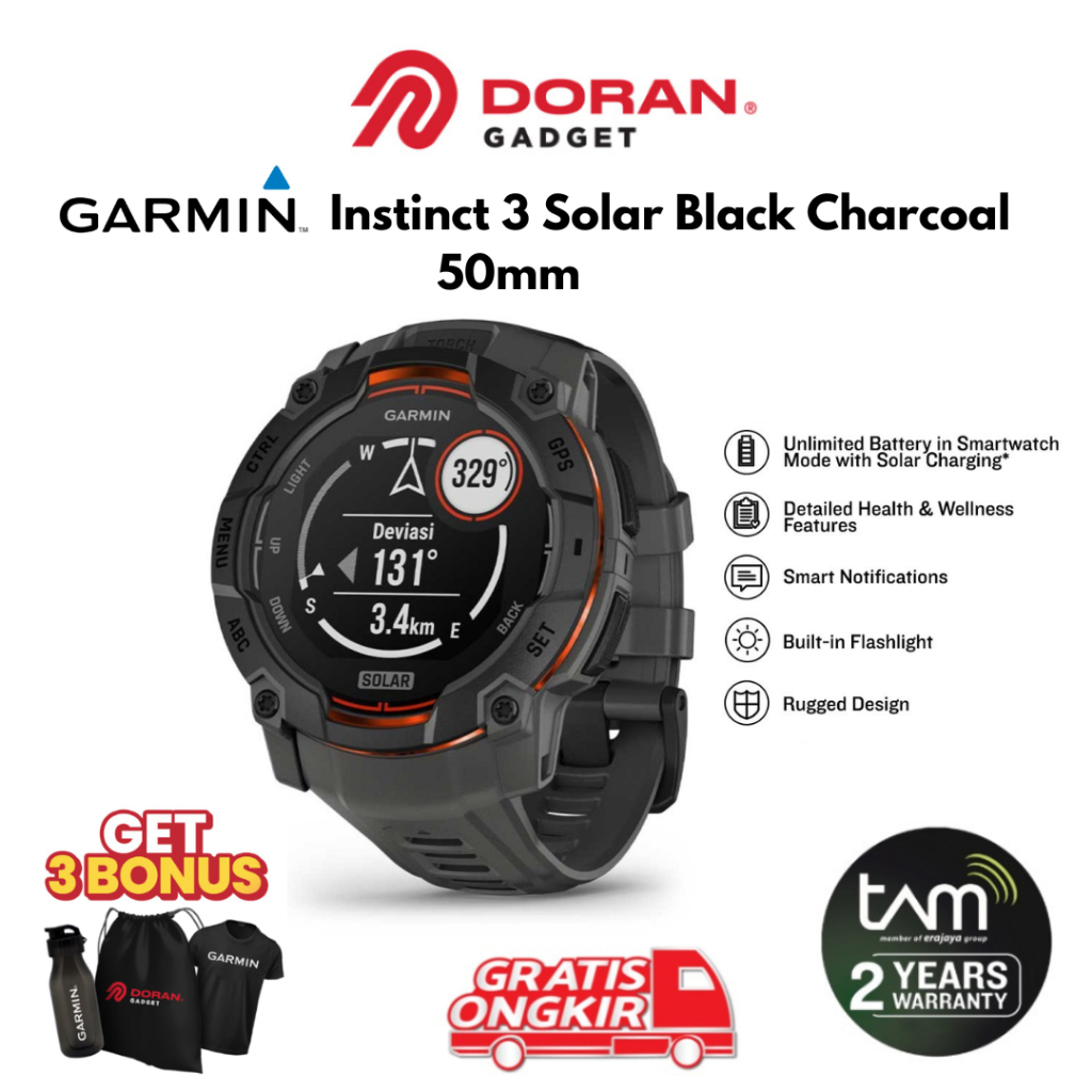Garmin Instinct 3 Solar Black Charcoal 50mm - Garansi Resmi 2 Tahun
