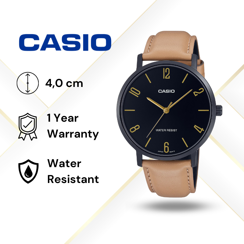 JAM TANGAN PRIA CASIO MTP-VT01BL-1B ORIGINAL - MTPVT01BL HITAM COKELAT TALI JAM KULIT CASIO ORIGINAL