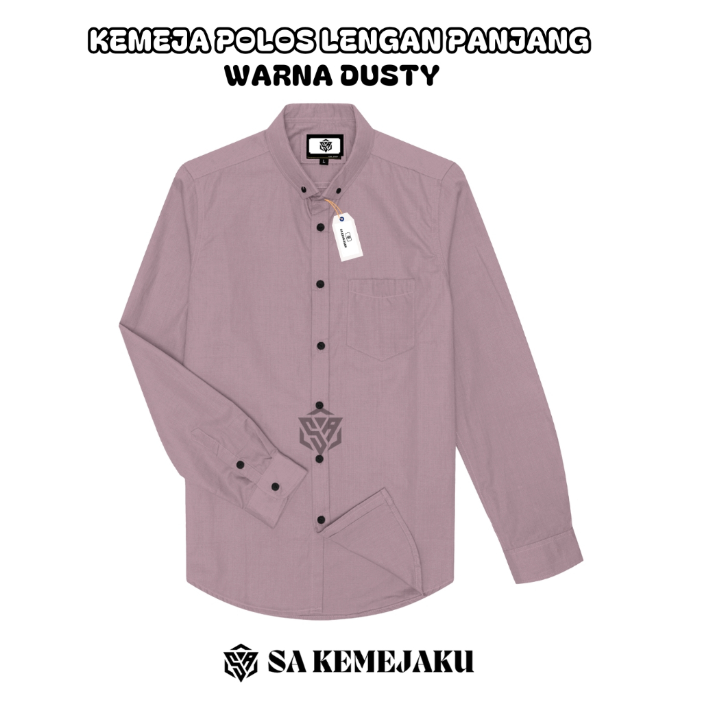 Kemeja pria lengan panjang polos warna dusty pink casual slimfit hem pria katun