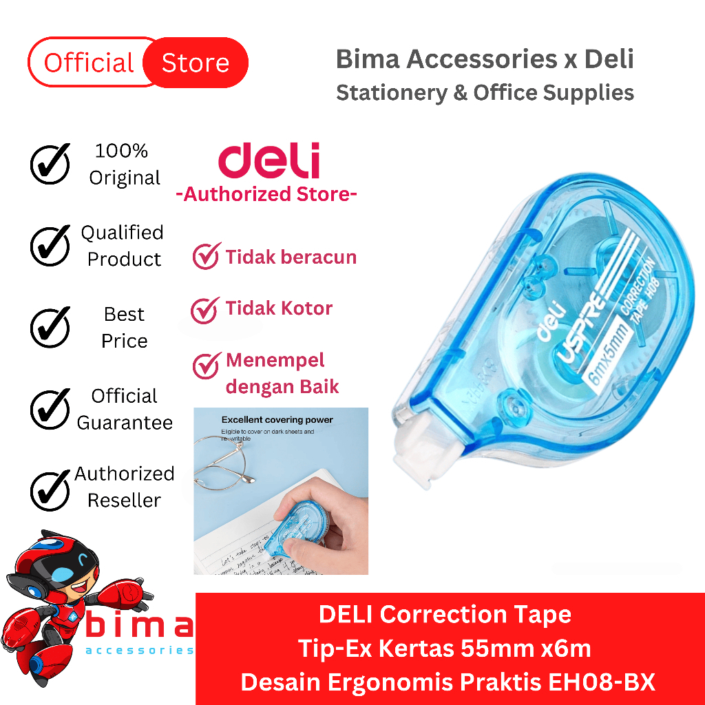 

DELI Tipe X Tip Ex Kertas Roll 6m Bentuk Kapsul Nyaman Digenggam Transparent Correction Tape EH08-BX