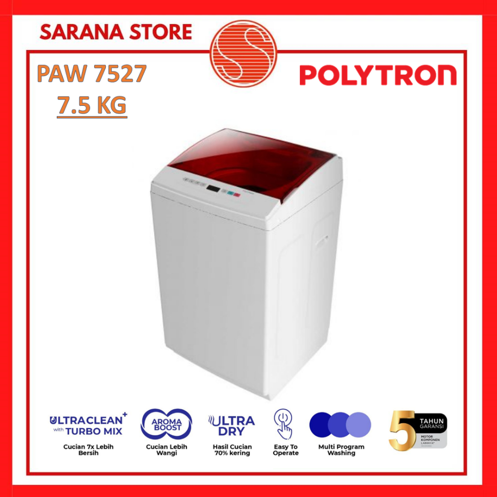 POLYTRON Mesin Cuci 1 Tabung Zeromatic series Hijab 7.5 KG PAW 7527 PAW7527
