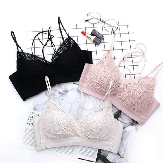 FANGXHITING - [ isi 1pcs dan 2pcs ] Bra wanita set+cd bra seamless motif renda bagian depan busa sed