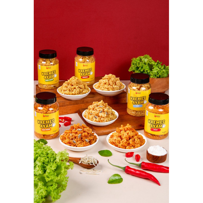 

Kremesan ayam by sambal magda | Kremes ayam Kriuk toples dan pouch varian original, daun jeruk, pedas, teri pedas, teri