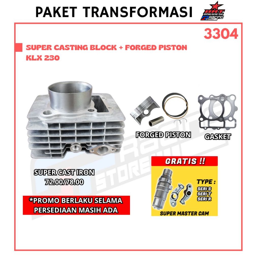Paket Bore UP KLX 230 - Blok Piston - Master Cam - BRT Promo 3304