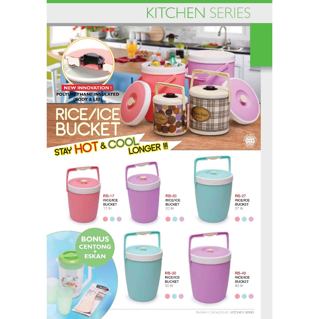 RICE / ICE BUCKET TAIWAN PLASTIK – BONUS ESKAN + GELAS 2PCS & CENTONG NASI