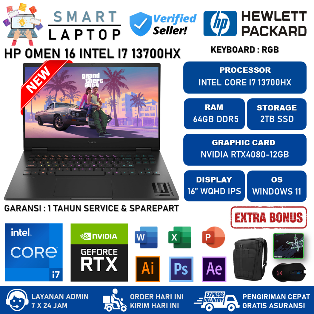HP Omen 16 Intel Core i7 13700HX RAM 64GB DDR5 2TB RTX4080-12GB 16.1 WQHD IPS 240Hz RGB Windows 11