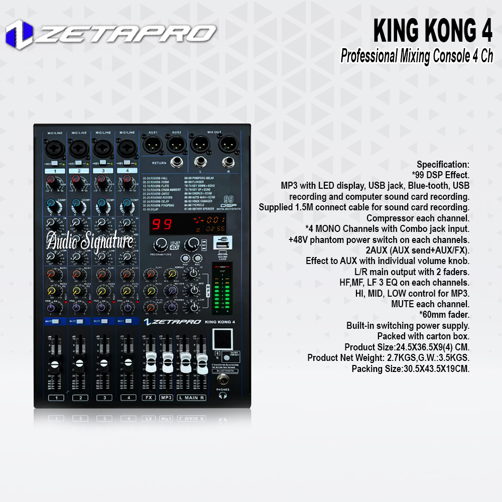 Mixer 4 Channel ZETAPRO KINGKONG4 | KINGKONG 4 MP3 USB Recording Bluetooth Original