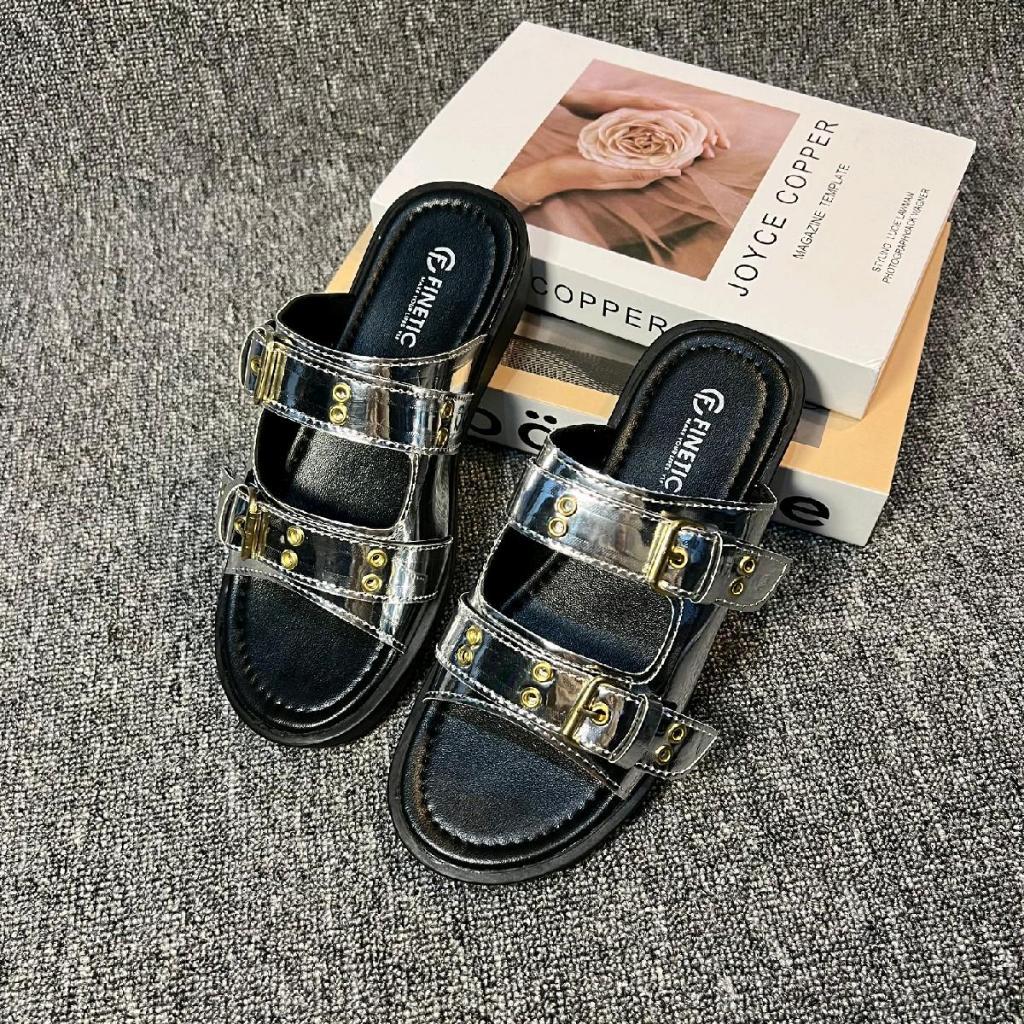 Sandal Wanita Kekinian Glossy Silver Sendal Selop Cewek