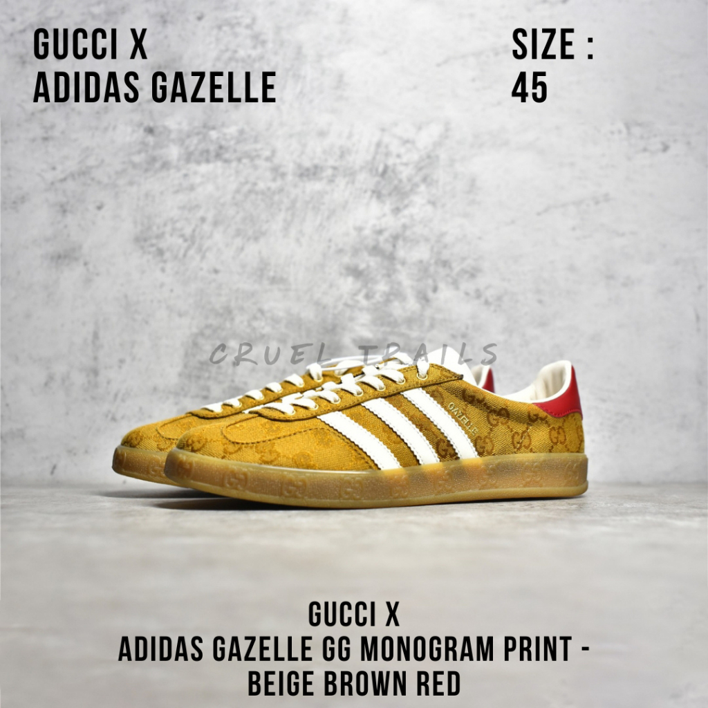 READY STOCK SIZE 45 - Gucci x Adidas Gazelle GG Monogram Print - Beige Brown Red Sneakers BNIB