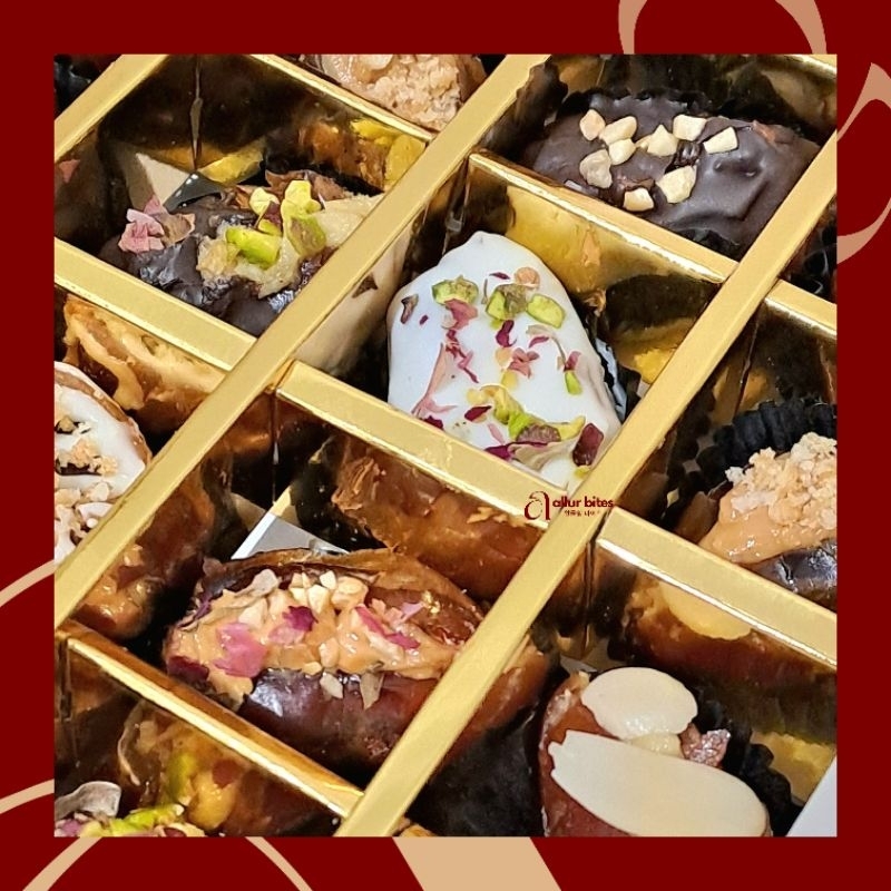 

Allur Bites | Korma Delights - 25 pcs Kurma Isi Almond Pistachio Coklat - Stuffed Dates Fruit - Hampers Lebaran Takjil