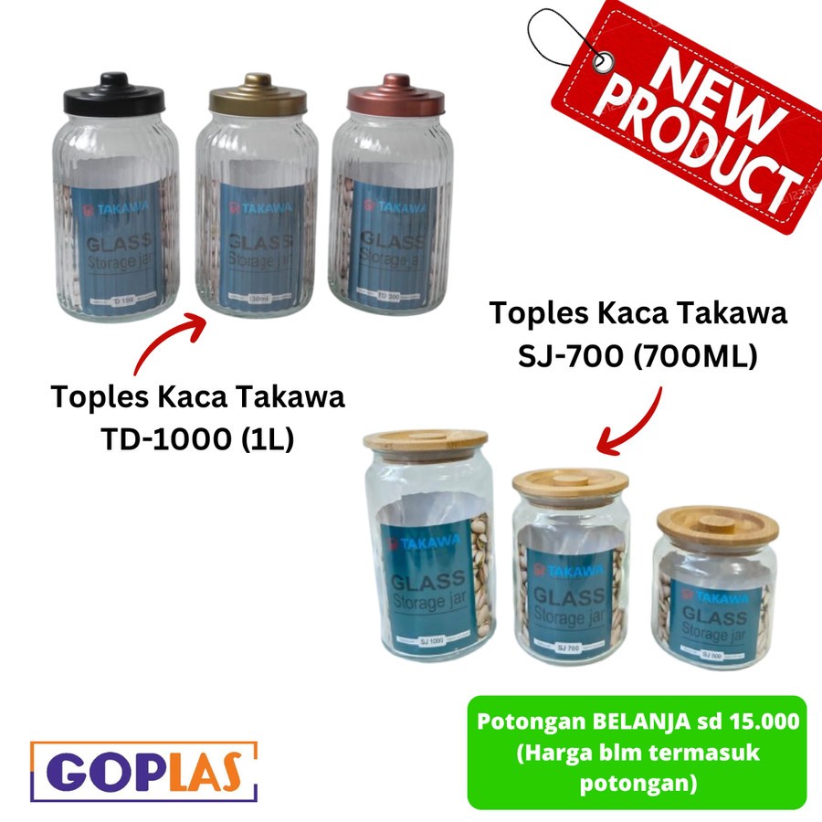 Toples Kue Lebaran / Toples Makanan 700 - 1000ml Bahan Kaca Merk Takawa