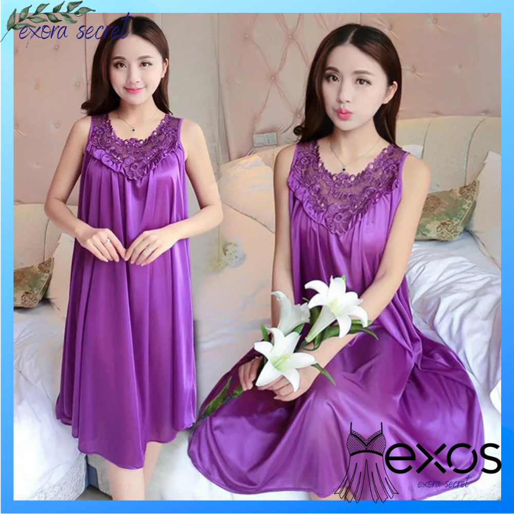 EXOS_ Daster Satin Brokat Korea Terkini Motif Bunga Lace Baju Tidur Seksi Import 1108