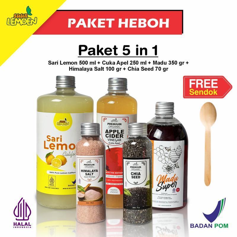 

SUUR LEMOEN Paket Special 5in1- Paket Hemat Cuka Apel250ml , Sari Lemon 500ml , Chia Seed, Madu Hutan, Garam Himalaya - Original
