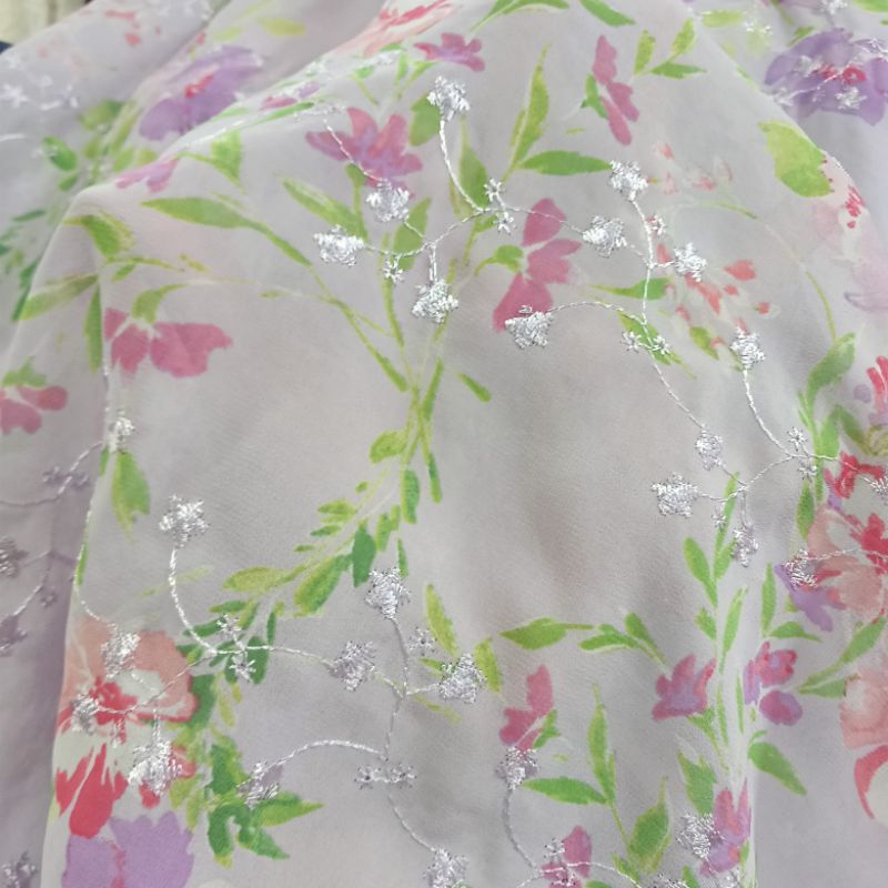 Kain Sifon Ceruty Bordir - Kain Bordir Motif Bunga Import - Kain Bordir Prada - Kain Meteran Dzb | H