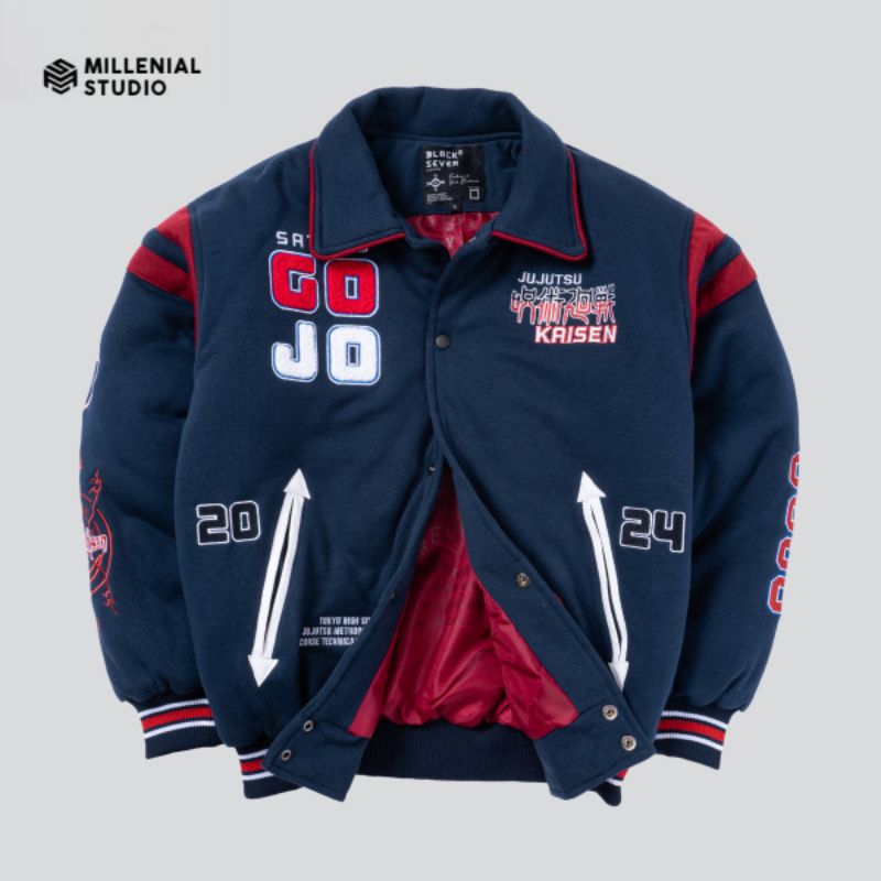 FULL COTTON | VARSITY JACKET GOJO SATORU JUJUTSU KAISEN NAVY | JAKET BASEBALL KERAH JAPAN STYLE BORD