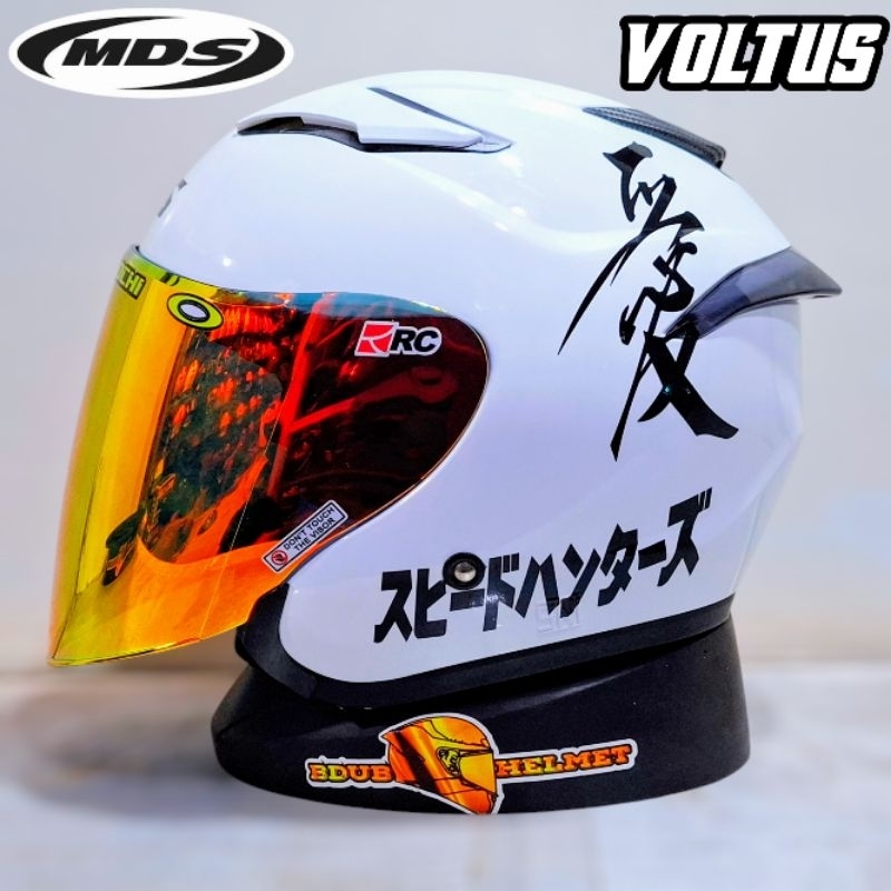 Helm MDS voltus solid white paket ganteng kenji spoiler 3D