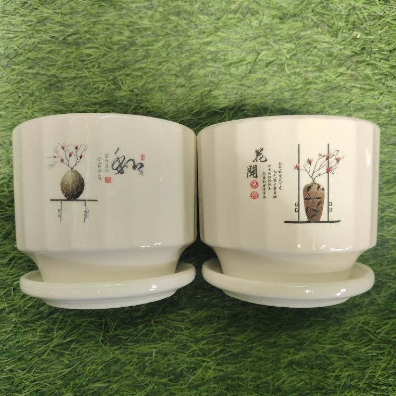 Pot Keramik Pot tanaman Hias Pot Bulat Motif Gambar