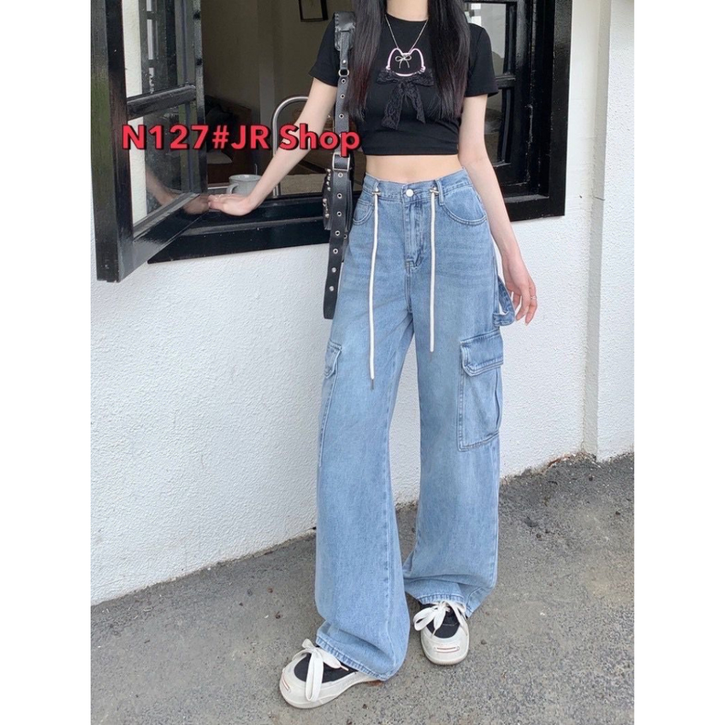 NEW ARRIVAL JR Fashion High Waist Cargo Wide Leg Jeans | Celana Jeans Cargo (JR127)