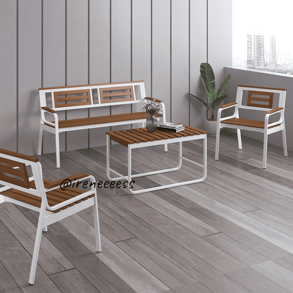 [ SET KURSI TERAS ]   MEJA KURSI TERAS MODERN BESI KOMBINASI KAYU SOLID DENGAN BAHAN YANG KOKOH KEKI