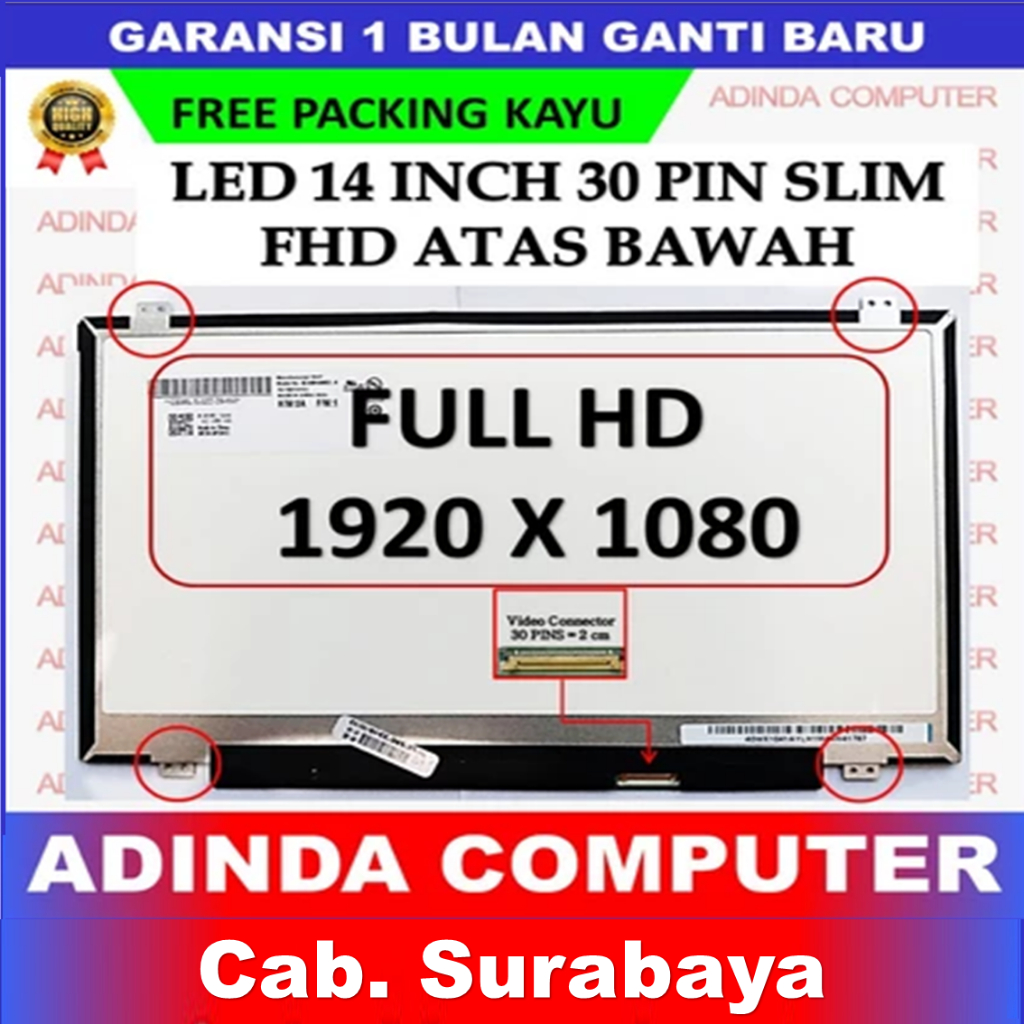 LCD LED Hp 14.0 14 Inch 30 Pin 30pin Slim Tipis Full HD FHD IPS Bracket Kuping Baut Atas Bawah