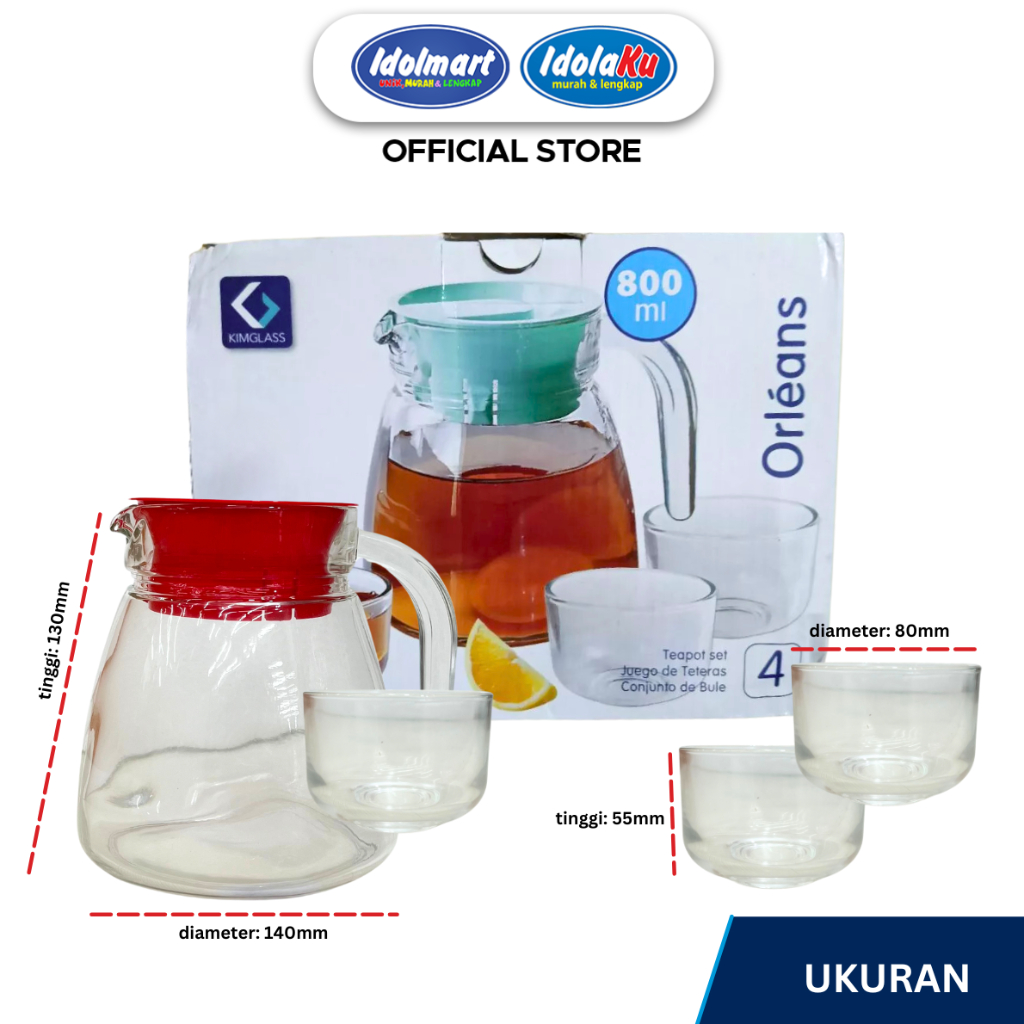 IDOLMART Teko Set Mini Kimglass - Teko plus Gelas 4in1 - Teapot Kaca IDOLMART BANDUNG