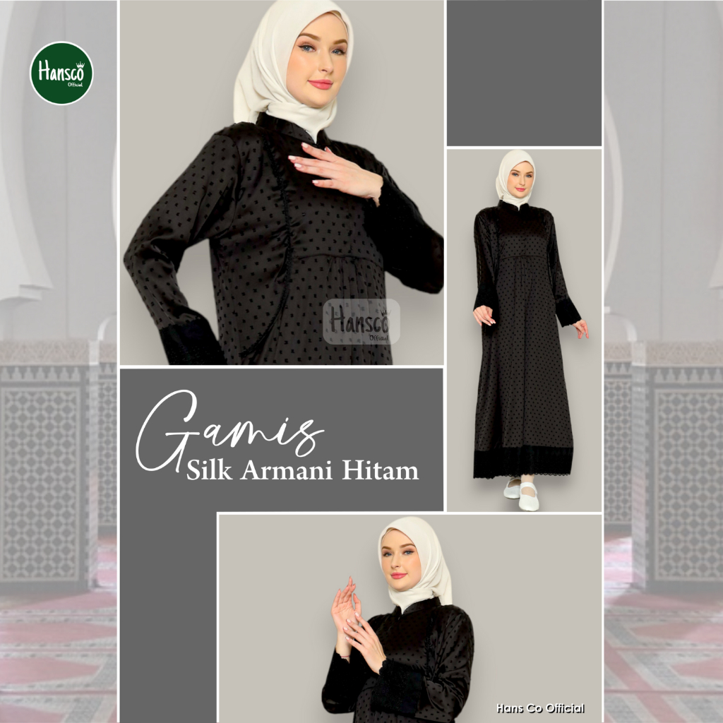 Gamis Hitam Silk Armani Renda Kerancang Wanita Muslimah Busana Umroh Haji - Hansco
