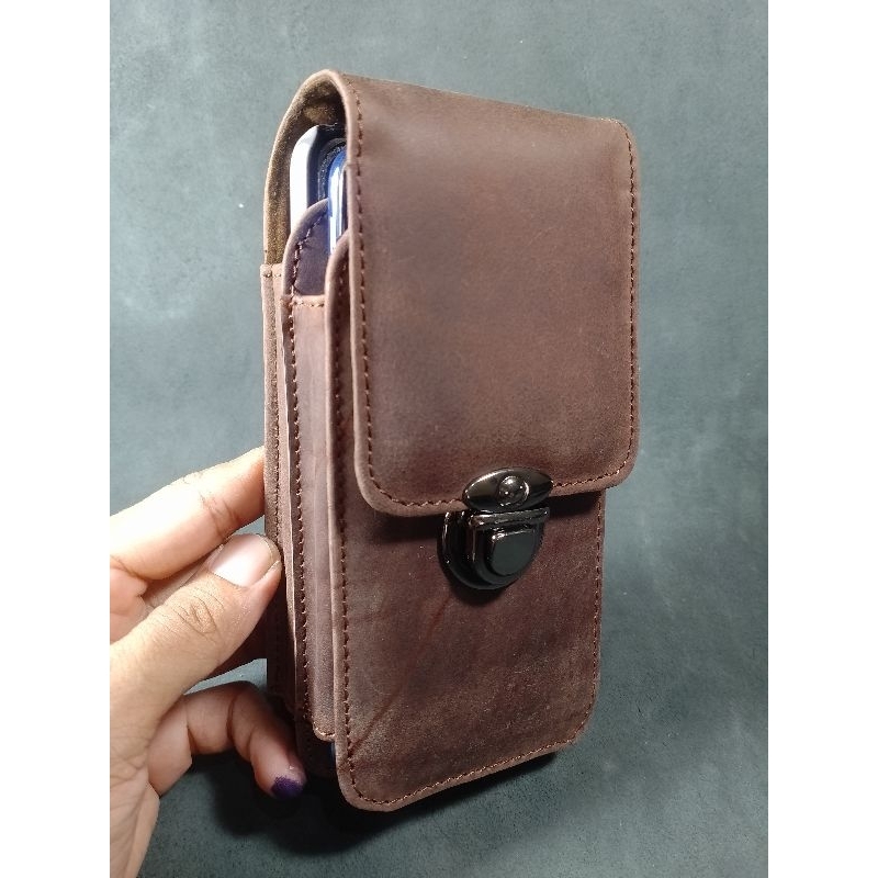 Dompet HP Pinggang Pria Double Slot Kulit Crazy Horse Asli