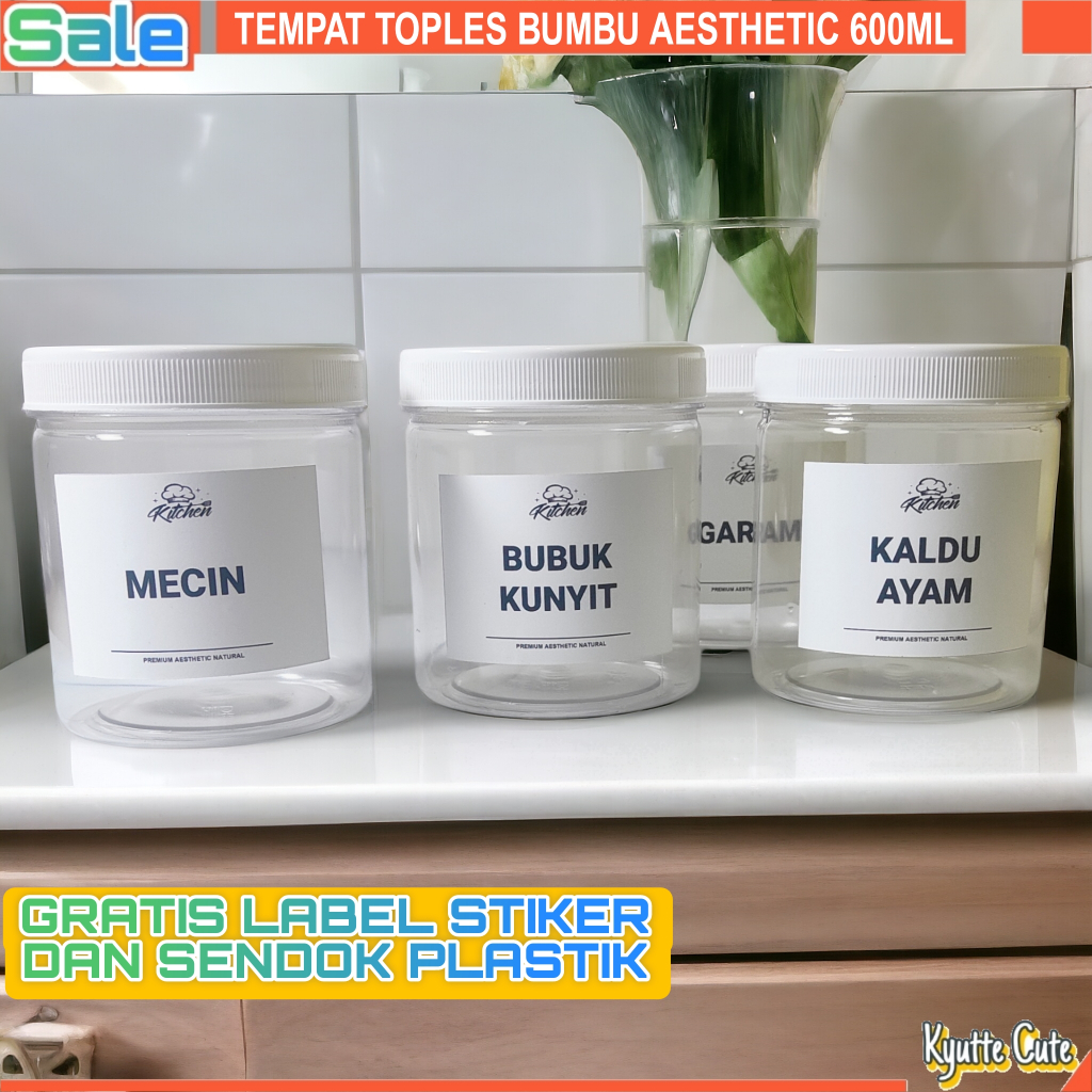 Tempat Bumbu Dapur 600ML Aesthetic Gratis Label Waterproof Dan Sendok Plastik Toples Stiker Bumbu Da