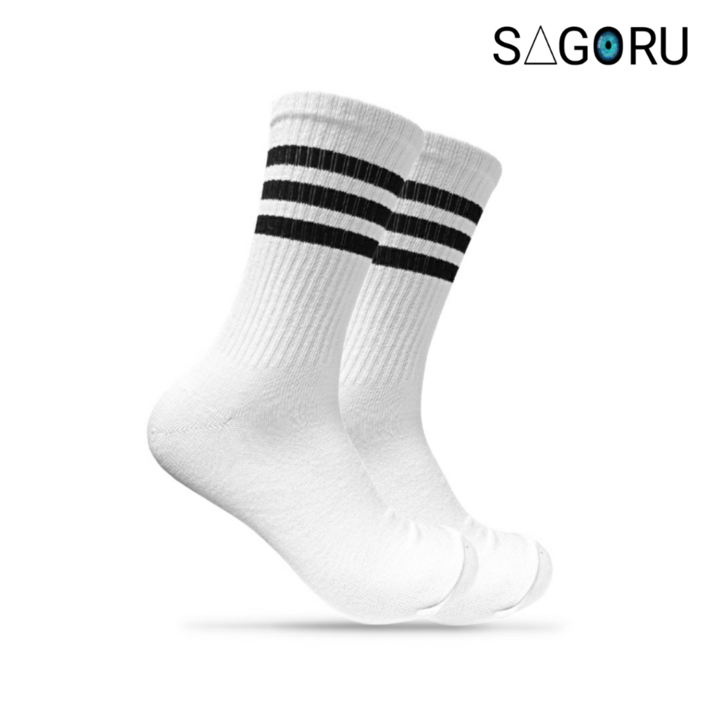 3 Pasang Sagoru Kaos Kaki Panjang Stripe 3 Hitam Warna Putih All Size
