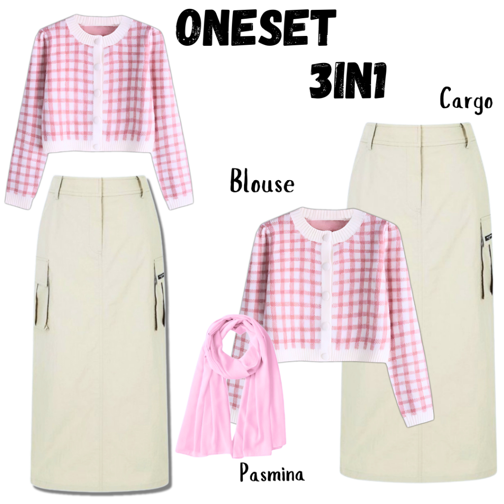 Oneset Korean Style OOTD Sultan, Harga Hemat 3in1 Bikin Makin Cuan ( Cardigan + Rok Cargo + Pasmina 