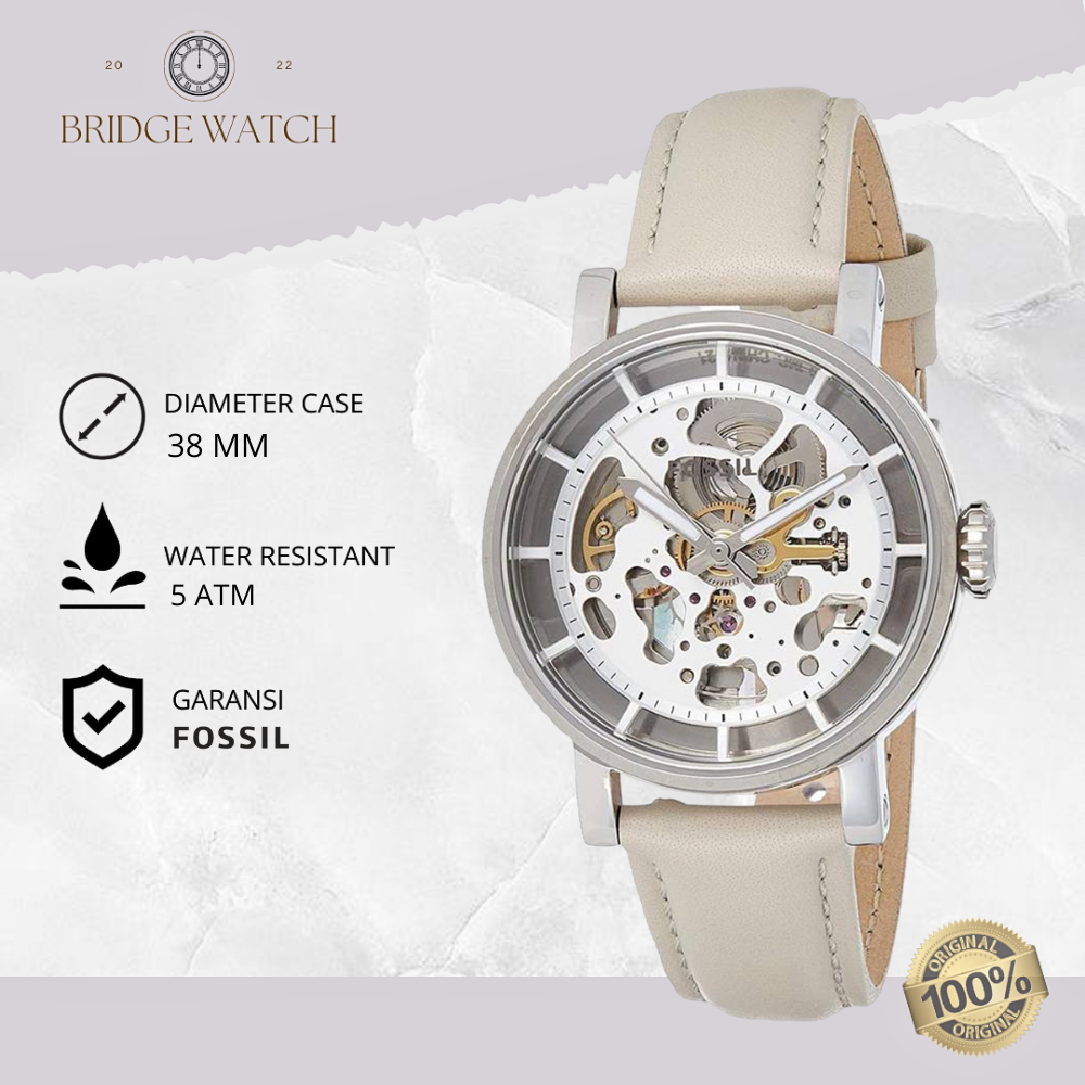 Jam Tangan Wanita Fossil ME3069 Automatic Boyfriend Cewek White Leather Strap Kulit Original