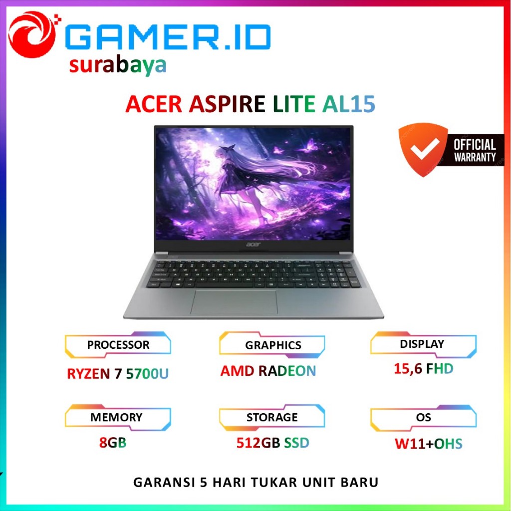 ACER ASPIRE LITE AL15 RYZEN 7 5700U 8GB 512GB W11+OHS 15.6FHD