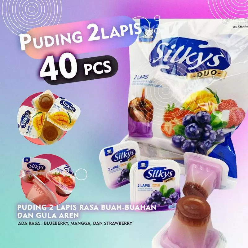 

Silky Pudding Snack PUDING 2 LAPIS 40 PCS RASA BUAH-BUAHAN DAN GULA AREN RASA MANGGA BLUEBERRY STRAWBERRY Pudding