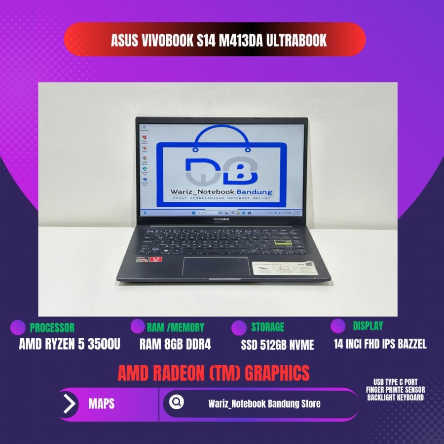 ASUS VIVOBOOK 14 M413DA RYZEN 5 3500U RAM 8GB SSD 512GB 14inci FHD MULUS