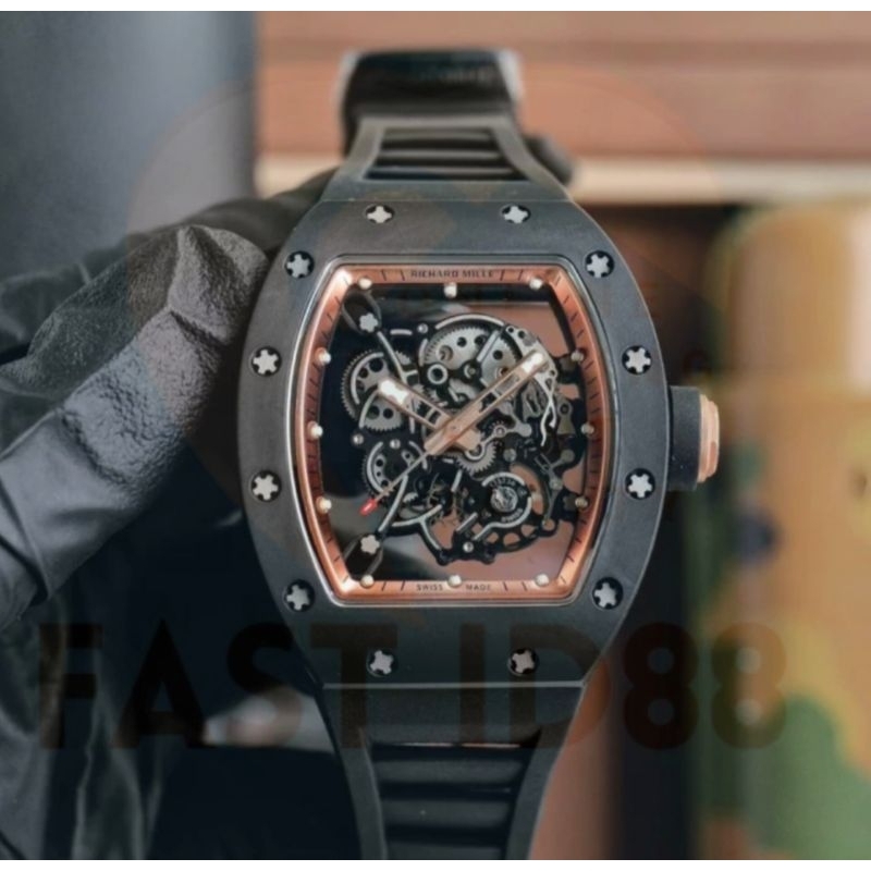 JAM TANGAN RM055 TOURBILLON SKELETON DIAL RUBBER BLACK STRAP