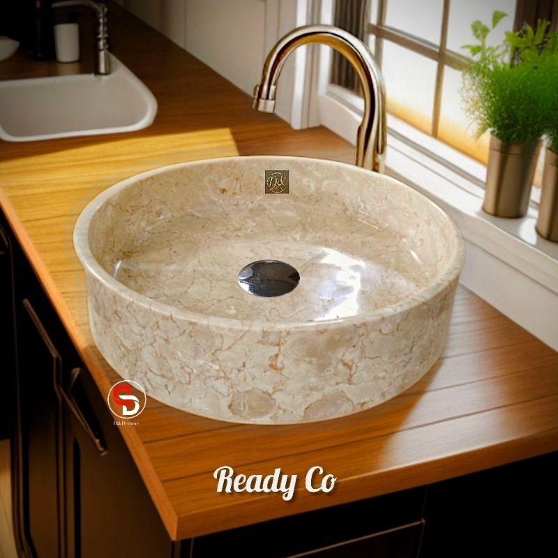 Wastafel Marmer Model Silinder tipis D 40cm [siku dalam] | Wash Basin Super Aesthetic | Cucitangan B
