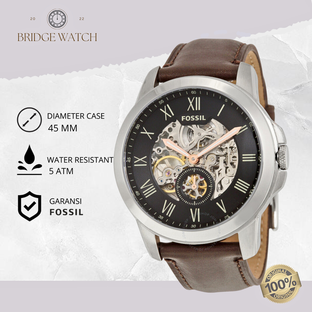 Jam Tangan Pria Automatic Fossil Grant ME3095 Original Chronograph Brown Leather Analog Strap Kulit 